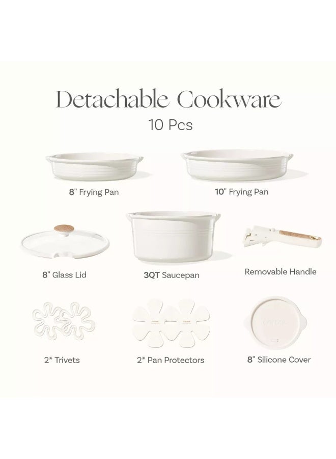 Carote 10-Piece Ceramic Nonstick Cookware Set with Detachable Handle, PFAS-Free Healthy Cooking Pots & Pans, Stackable Design with Pour Spouts, All-Stovetop Compatible, Dishwasher Safe (Cream) - Image 2